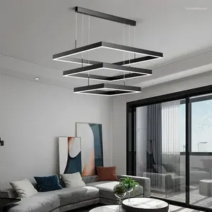 Lustres lustres à LED carré moderne pour salon salle à manger de cuisine couche noire rectangle plafond pendentif lumière suspendue