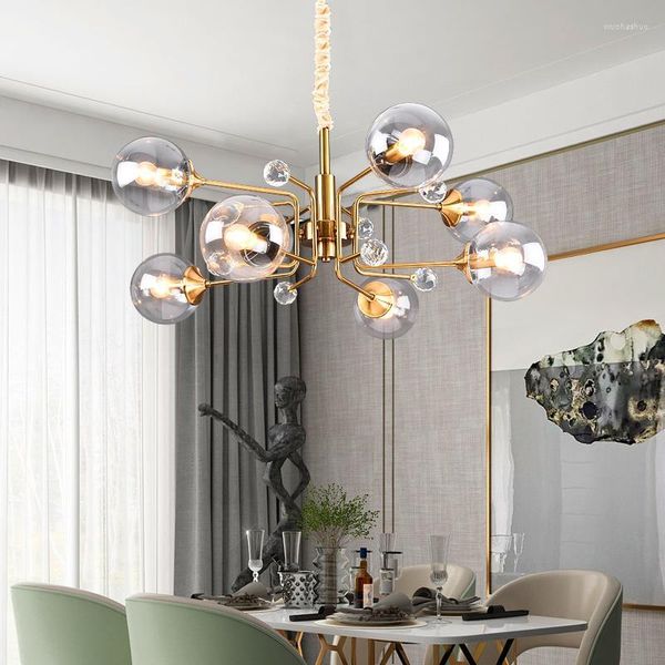 Candelabros Lámpara de araña contratada nórdica LED Smoky Cognac Glass Magic Bean para comedor Sala de estar Dormitorio Creativo Lámpara colgante de lujo