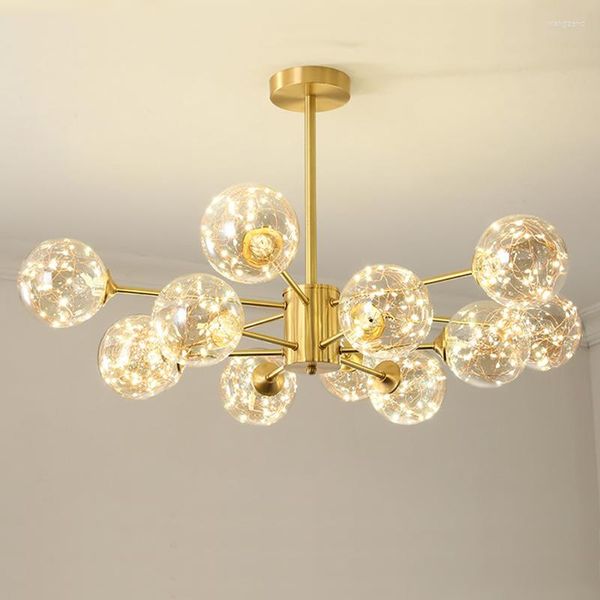 Lámparas de araña Nordic Living Room Led Chandelier Gypsophila Lighting Lustre Gold Metal Foyer Glass Globe Fixtures