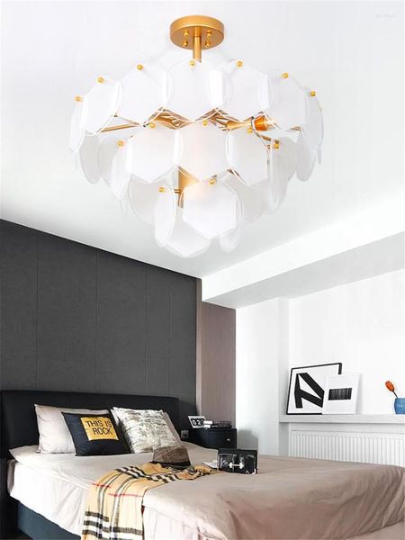 Lustres Nordic Luxury Chambre Feuille De Verre LED Celling Lustre Éclairage Salon Restaurant Hall Hanglamp Luminaria Luminaires