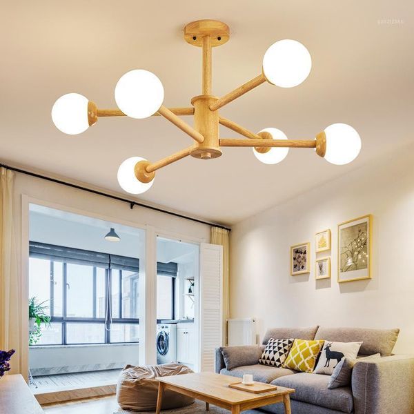 Lustres nordique bois LED lustre lumière boule de verre plafond suspension lampe pour salon salle à manger cuisine suspendus E27 luminaires