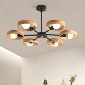 Kroonluchters Noordse houten kroonluchter lamp voor woonkamer slaapkamer dineren decor rond hout lampenkap zwart e27 plafond ophangend licht