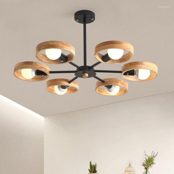 Lustres Lampe de lustre en bois nordique pour salon chambre à coucher décor rond abat-jour en bois noir E27 plafonnier suspendu