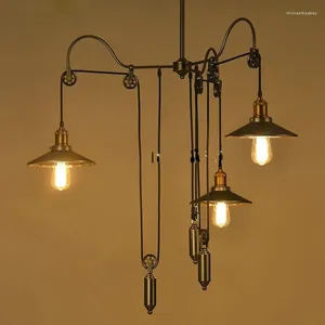 Lustres Nord-américain rétro personnalité rurale créative loft ascenseur automne poulie pendentif lumières avec miroir abat-jour pour salle à manger