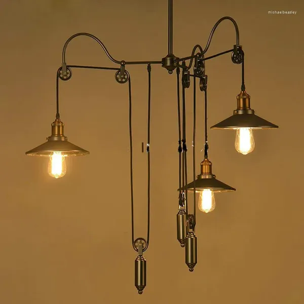 Lámparas de araña de personalidad rural retro de América del Norte, luces colgantes de polea de caída creativa con pantalla de espejo para comedor
