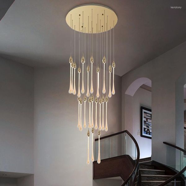 Lustres Pendentif Lumières Lustre En Cristal Moderne De Luxe Pour Escalier Grande Lampe Or Goutte Conception Longue Villa Lobby Led Éclairage Suspendu