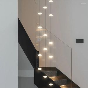 Lustres Pendentif Lumières Art Moderne Villa Escalier Creux LED Lustre Minimaliste Noir Rond Escalier Suspendu Lampes Intérieur Maison Long