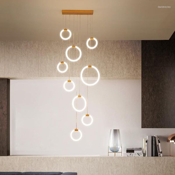 Lustres Pendentif Lumières Moderne LED Lustre En Cristal Pour Escalier Salon De Luxe Acrylique Anneau Lampes Suspendues Minimalisme Intérieur Grenier