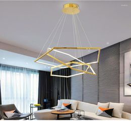 Lustres Post-Moderne De Luxe Or Lustre Minimaliste Géométrique Ligne Hexagonale Led Suspension Lumière Pour Salon Anneau