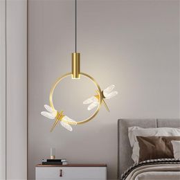 Candelabros Diseño posmoderno Anillo de oro Acrílico Libélula Led para sala de estar Sofá Cocina Interior Hogar Accesorios de iluminación colgantes