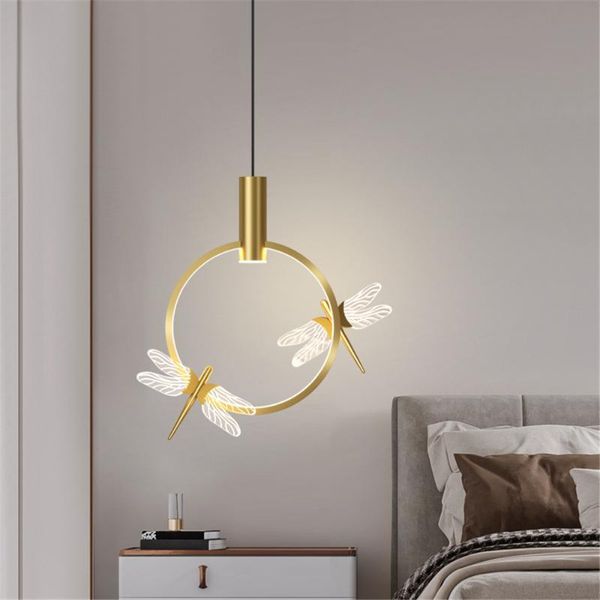 Lustres Design Postmoderne Bague En Or Acrylique Libellule Led Pour Salon Canapé Cuisine Intérieur Maison Luminaires Suspendus