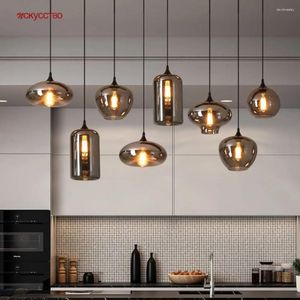 Lustres éclairage LED en verre gris postmoderne pour la cuisine de salle à manger couloir maison décor loft suspension luminaire lampe de conception