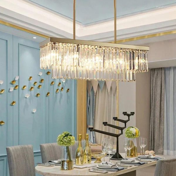 Lustres Rectangle Chrome or Lustre pour salle à manger chambre Led cristal cuisine Lustre de luxe suspension lampe moderne argent lumière 2024