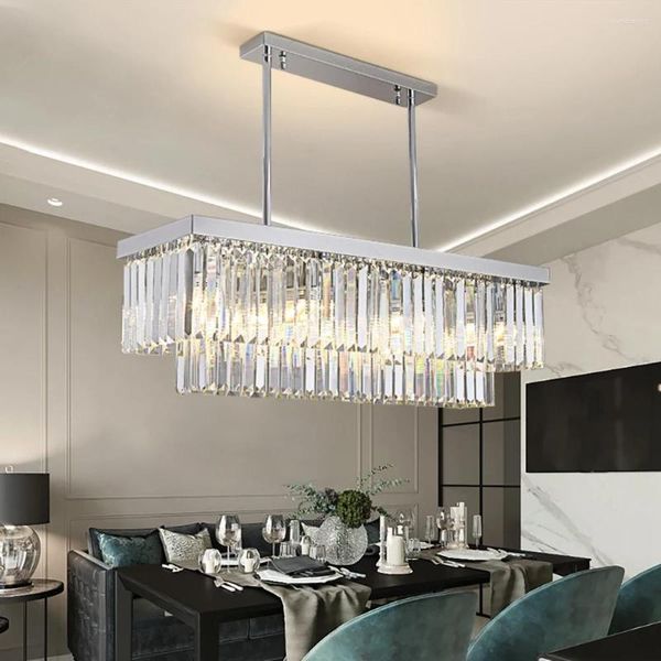 Candelabros Rectángulo Cromo / Araña de oro para comedor Dormitorio Led Cristal Cocina Lustre Lámpara colgante de lujo Luz de plata moderna 2023