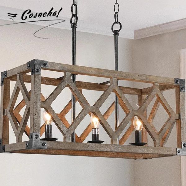 Lustres rectangle cage en bois massif lustre américain rustique de style simple plafond pour le salon chambre à coucher bar îlot de cuisine