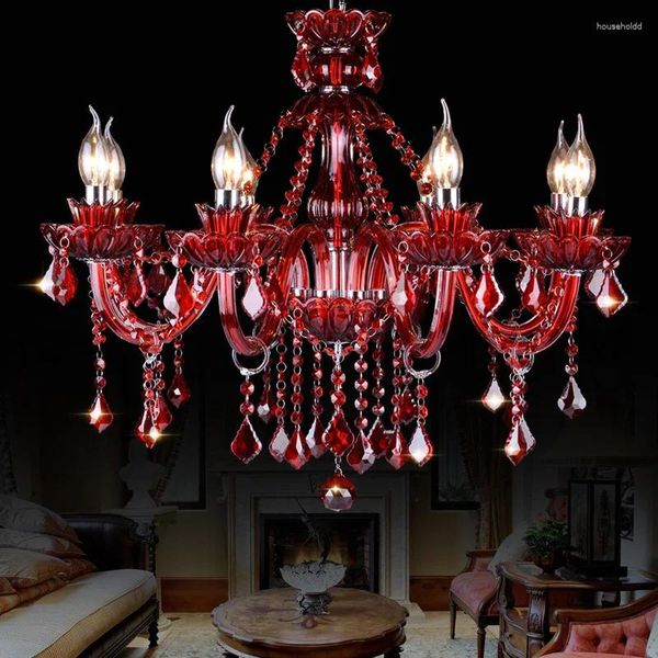 Lustres Couleur rouge lustre en cristal rétro luxe salle de mariage salon chambre pendentif lumière El hall E14 bougie suspension lampe