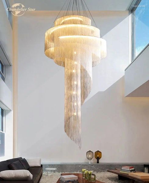 Les lustres rétro LED de chaîne en aluminium moderne gloun métal métal spirale grande lampes d'escalier el salon suspension des lumières suspendues