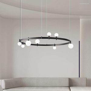 Lustres Style Salon Lustre Anneau Noir Fil De Verre Blanc Réglable Salle À Manger Chambre Minimaliste Hanglamp Art Décor G4 Ampoule