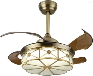 Kroonluchters Vintage intrekbaar licht Tiffany-stijl Retro kroonluchterventilator met afstandsbediening 3-kleuren verlichting 3-snelheden koperen glas Lampsha