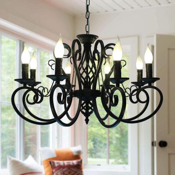 Lámparas de araña de hierro forjado vintage, luz de vela, accesorio de iluminación de metal negro para sala de estar, vestíbulo, lámpara colgante