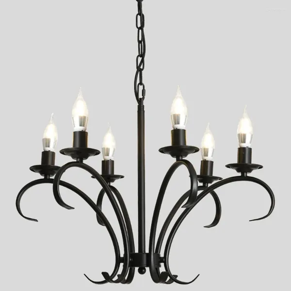 Lámparas de araña Vintage de hierro forjado, lámpara LED, luz de vela, accesorio de iluminación de metal negro para sala de estar, vestíbulo, lámpara colgante