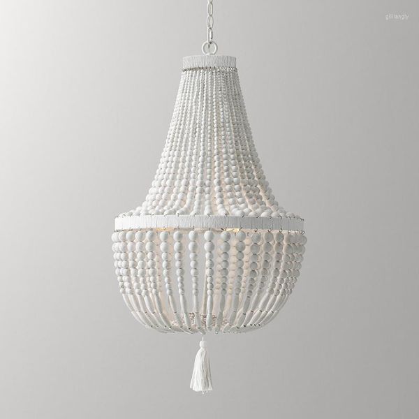 Lustres Weathered Blanc Bois Perles Lustre Éclairage Pendentif Chambre Lumières Pour Pépinière Bébé Chambre Salon Suspension Cuisine Lampes