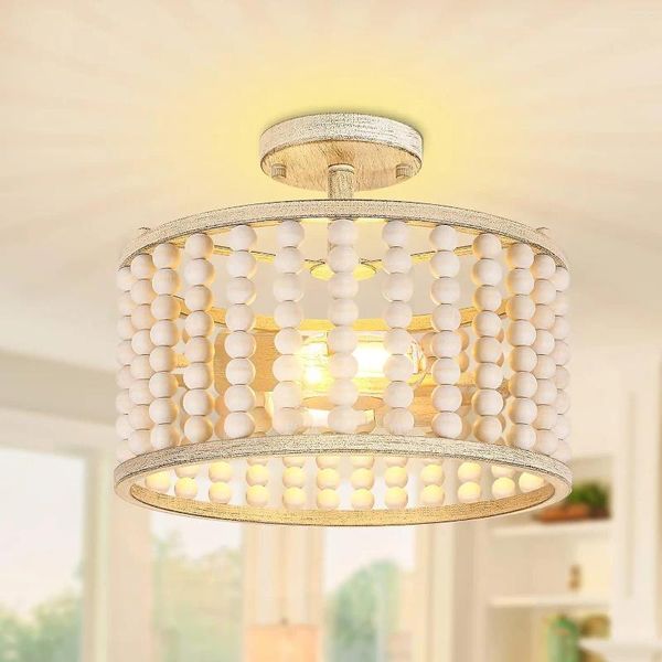 Lustres Lustre en perles de bois - Plafonniers Boho Lampe semi-encastrée de ferme moderne 2 luminaires bohèmes