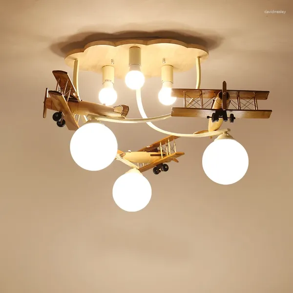 Lámparas de araña Lámpara de avión de madera Lámpara de araña de avión creativa para habitación de niños Luces de techo para dormitorio de niños LED E27