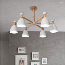 Kroonluchters X Moderne Nordic 6 Hoofden Macaron Houten Paalophanging Eenvoudige Aluminium Lampen Voor Restaurant Dineren Woonkamer Licht