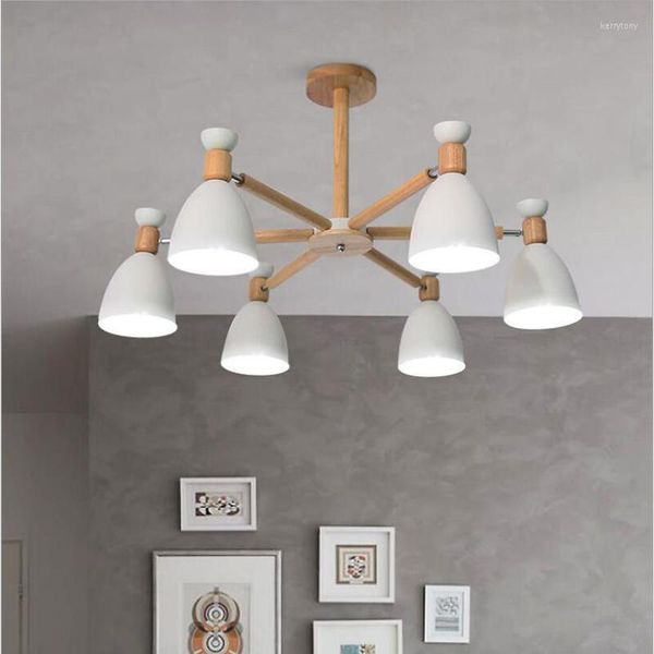 Lámparas de araña X Modern Nordic 6 Heads Macaron Suspensión de poste de madera Lámparas de aluminio simples para restaurante Comedor Sala de estar Luz