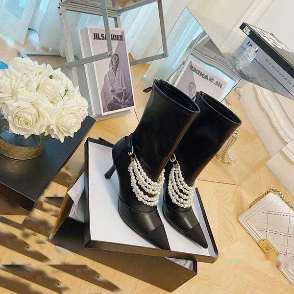 Chanelity Tobillo Perla Cadena Botas Para Mujer Negro Blanco Cuero Genuino Tacón Fino Bomba Femmes Bottes Botines Damas Fiesta Zapato De Graduación Marca De Lujo