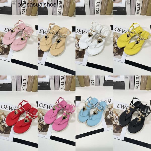 Chanelity Diamond Thong Zapatillas Corazón Perla Hebilla Sandalia Cuero T Correa de tobillo Zapatos planos Mule Chanclas Sandalias Mujer Señoras Playa Diapositivas Verano Slider Tamaño 35-41