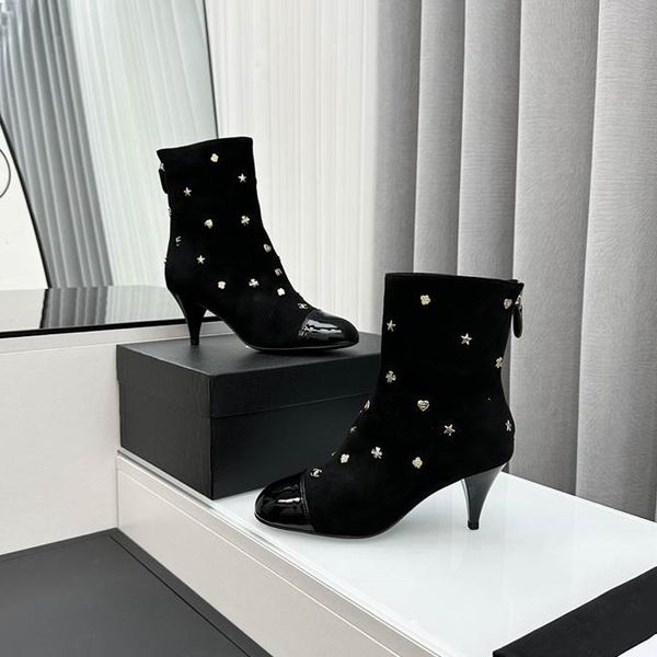 Botas Chanellies Zapatos Diseñador Desnudo Negro Punta estrecha Tacón medio Botas largas y cortas Zapatos 23.12.18z