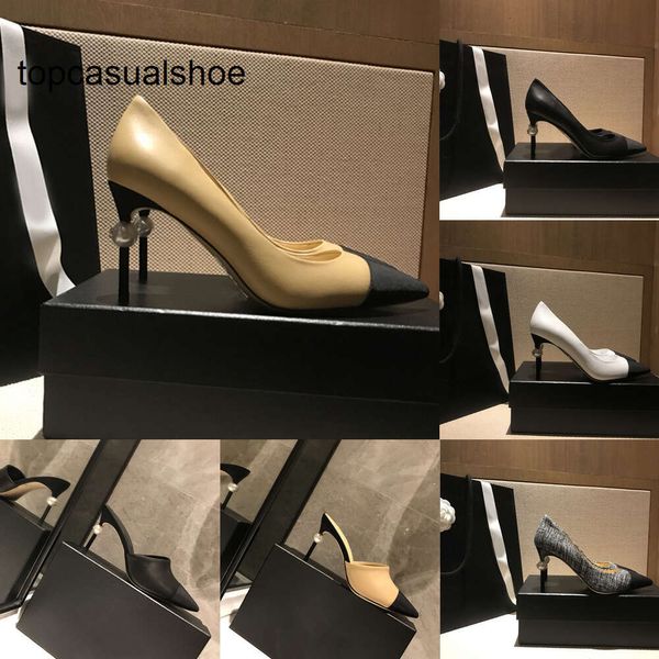 Chanelllies Black Channes Pompes Talon Paris Paris Beige Blanc Perle pointu Point Talons hauts Chauxes Boutique 8,5 cm Stilettos Mule Mule Tweed Lambe en peau de capuchon