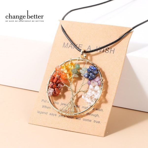 Changer mieux 7 Chakras arbre de vie pendentif collier couleur or sagesse cristal naturel puce perles à la main corde bijoux cadeau