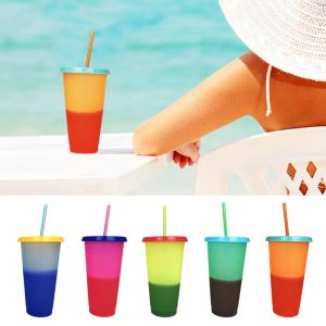 Veranderende beker 24oz plastic kleurrijke drinkbekers met deksel en rietje herbruikbare waterfles 08 ZZ