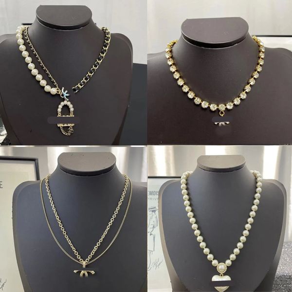 Channel 18 style double lettre pendentif colliers plaqué or 18 carats cristal perle strass pull collier pour femmes fête de mariage bijoux accessoires de mode
