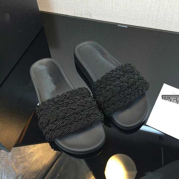 Channel Black Pearls White WOVEN MULE Flat Women SLIDES Pantoufles Pearlet Braid Slip On Platform Sandal Summer Shoes Interlocking C Buckle Slide Flip Flops Trainer