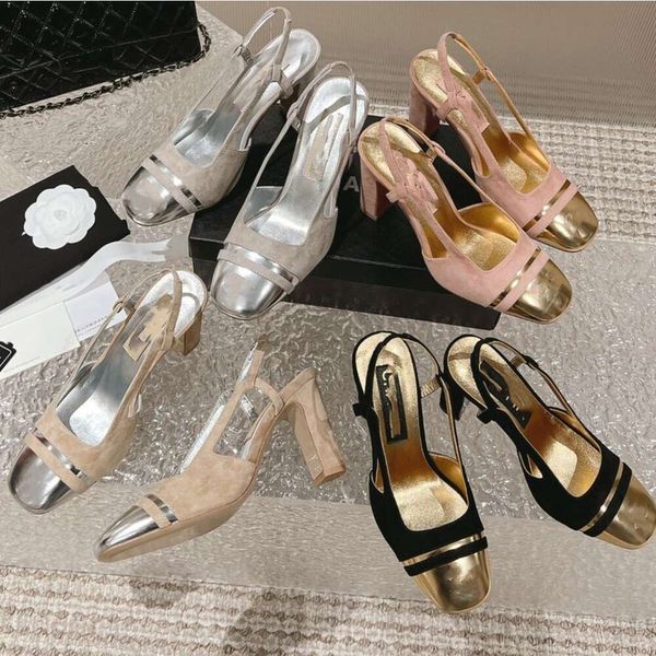 Canal Slingback Vintage Gold Cap Toe Slipper Sandalia Paris Interlocking c Tacones altos gruesos de dos tonos Bombas de gamuza Beige desnudo Tacones de cuña medio bajos de 80 mm Diapositivas Mula