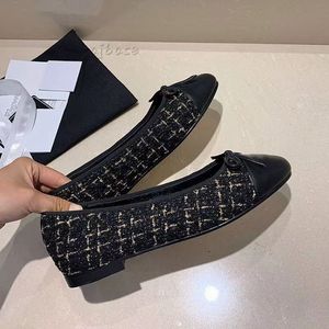 Channel Tweed Designer Femmes Casual Chaussures Ballet Plat Chaussure Gros-Grain Peau De Chèvre Veau En Cuir Verni Noeud Noeud Mode Élégant Confort Haut