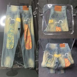 Chaopai fushen nieuwe gewassen jeans geborduurd en bedrukte gesplitste jacquard mandarijn eend rechte been broek los 801120