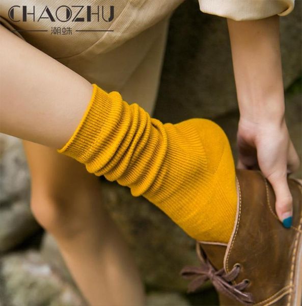 CHAOZHU, calcetines altos japoneses de Corea para chicas de secundaria, calcetines largos holgados de colores sólidos con agujas dobles, calcetines largos de algodón tejidos para mujeres 9674088