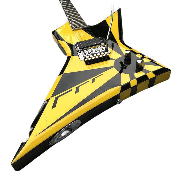 Char Michael Sweet Flying V Stryper Black Yellow Stripe Guitarra eléctrica Floyd Rose Tremolo Bridge, Whammy Bar, China EMG Pickup, Chrome Hardware, Triangle Pearl Inlay