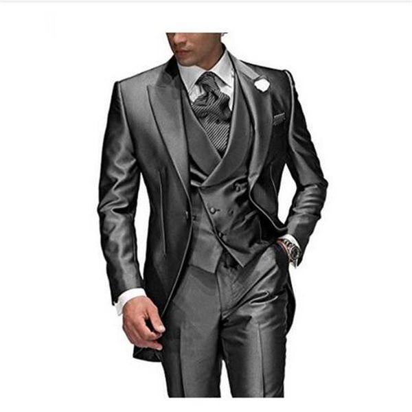 Traje gris carbón para hombre, para boda, solapa en pico, 3 piezas, esmoquin para novio, traje de boda para hombre, chaqueta hecha a medida, pantalones, chaleco 268p