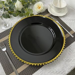 Assiettes de chargeur plateau en plastique noir, plats ronds avec bord doré, assiette à manger décorative en acrylique pour le réglage de la Table 1016