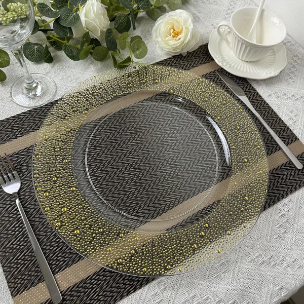 Platos de carga Bandeja de plástico transparente Platos redondos con patrones dorados Plato de comedor decorativo acrílico para mesa 1005