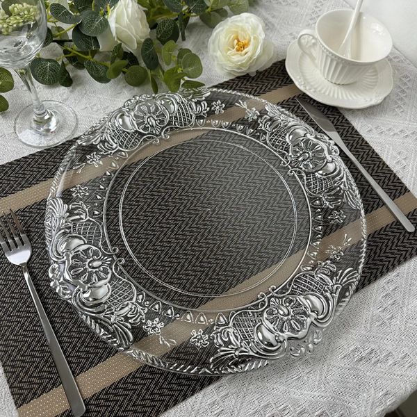 Assiettes de chargeur, plateau en plastique transparent, plats ronds avec motifs argentés, assiette à manger décorative en acrylique pour le réglage de la Table 1009