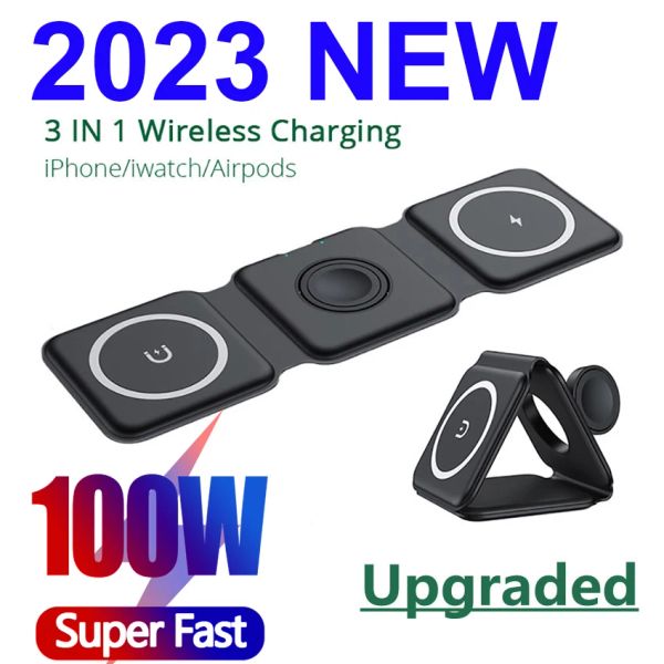 Chargers 100W 3 en 1 Chargeur sans fil portable magnétique pour iPhone 14 13 12 15 XR Pro Max Apple Watch AirPods Fast Charging Dock Station