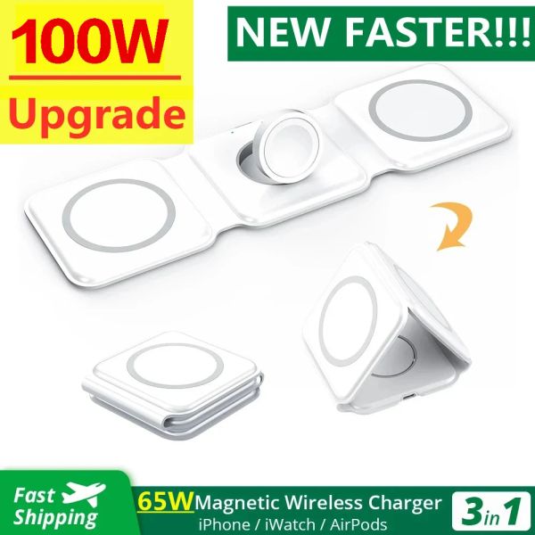 Chargers 100W 3 In 1 Magnetic Wireless Charger Pad Stand pour iPhone 14 13 15 8pro Max AirPods Iwatch Fast Wireless Charging Dock Station