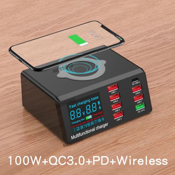 Chargers 100W PD QC 3.0 Quick Charger Stand Multi USB Hub LED Pantalla de carga Estación de muelle Fast Wireless Charger Pad para iPhone Samsung